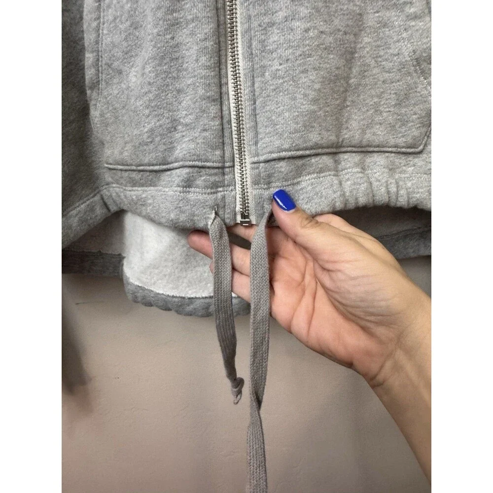 PINK Victoria Secret Womens M Gray Full Zip Embroidered Faux Fur Hoodie Cropped